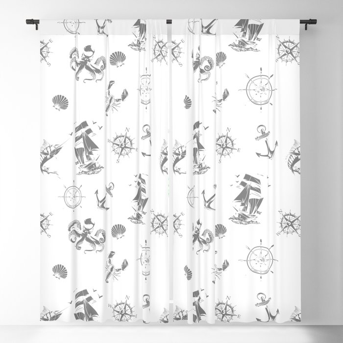 Grey Silhouettes Of Vintage Nautical Pattern Blackout Curtain