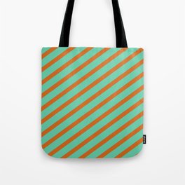 [ Thumbnail: Aquamarine & Chocolate Colored Stripes/Lines Pattern Tote Bag ]