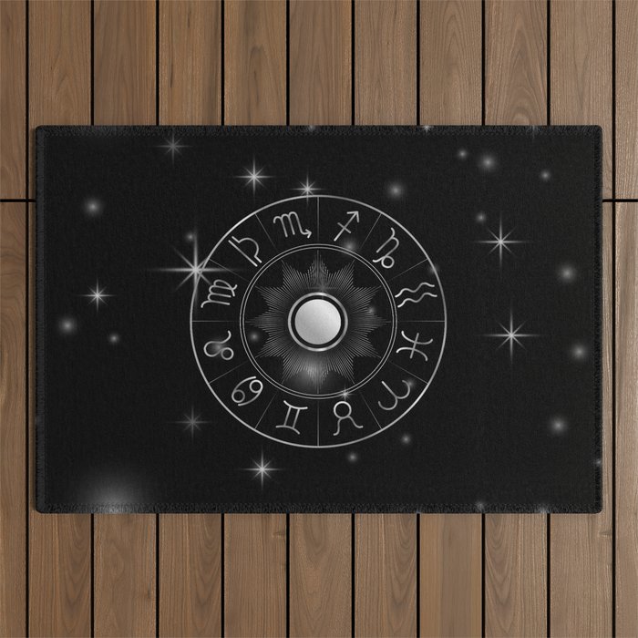 Zodiac astrology circle Silver astrological signs with moon sun and stars Outdoor Rug