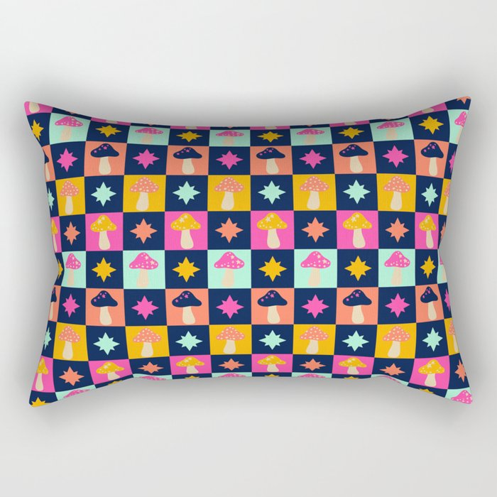 Bright mushroom checks with stars - navy, hot pink, yellow, orange Rectangular Pillow