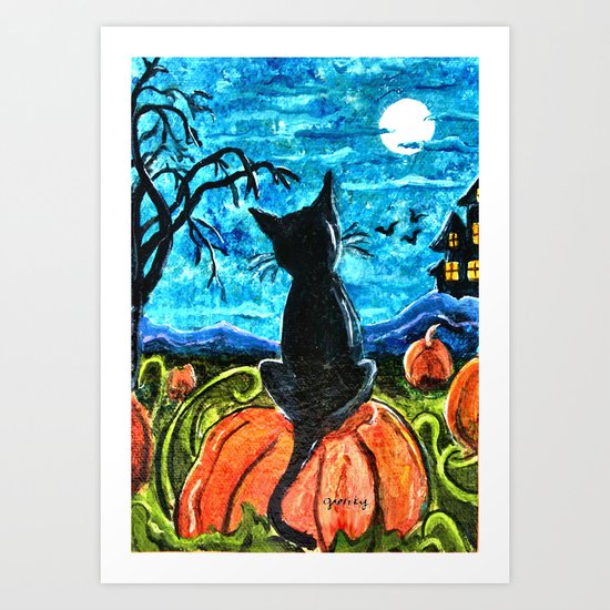 Cat in Pumpkin Patch Art Print