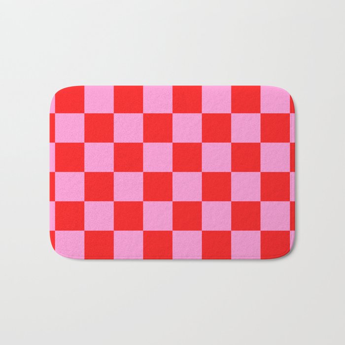 Pink Checkered And Red Bright Modern Shape Geometric Pattern Bath Mat