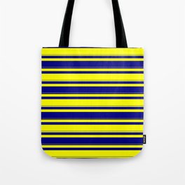[ Thumbnail: Yellow & Blue Colored Lined/Striped Pattern Tote Bag ]