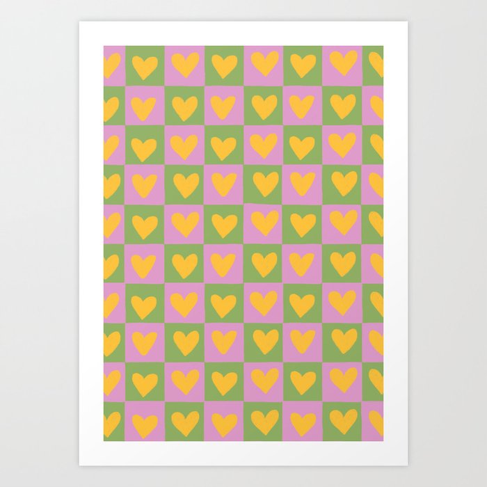 Checker yellow hearts Art Print