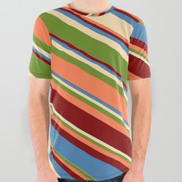 [ Thumbnail: Blue, Beige, Green, Coral, and Maroon Colored Lined Pattern All Over Graphic Tee ]