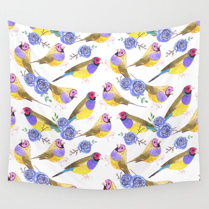 Purple watercolor roses and colorful gouldian finches Wall Tapestry
