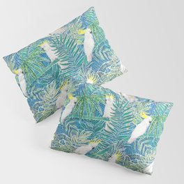 cockatoos playing around in a tropical garden watercolor Pillow Sham