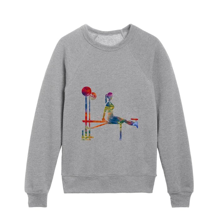 Woman practices gymnastics in watercolor Kids Crewneck