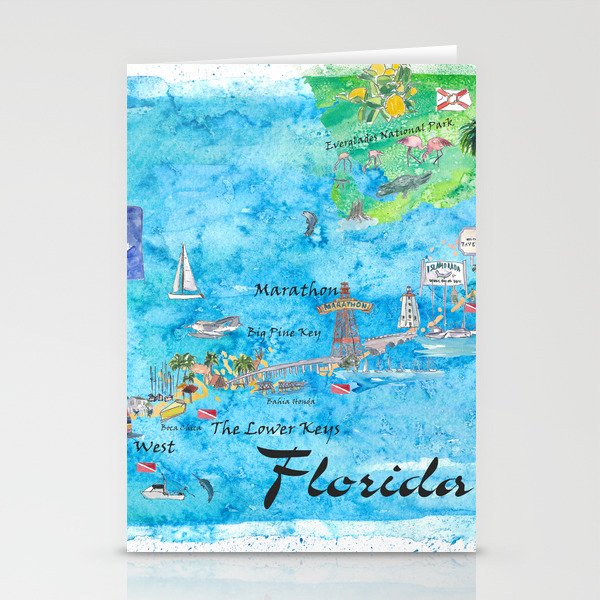 Florida Keys Key West Marathon Key Largo Illustrated Travel Poster Favorite Map Tourist Highlights Stationery Cards