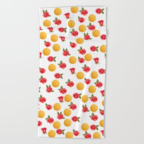 Grace - Watercolor Red Roses and Golden Polka Dots Pattern Beach Towel