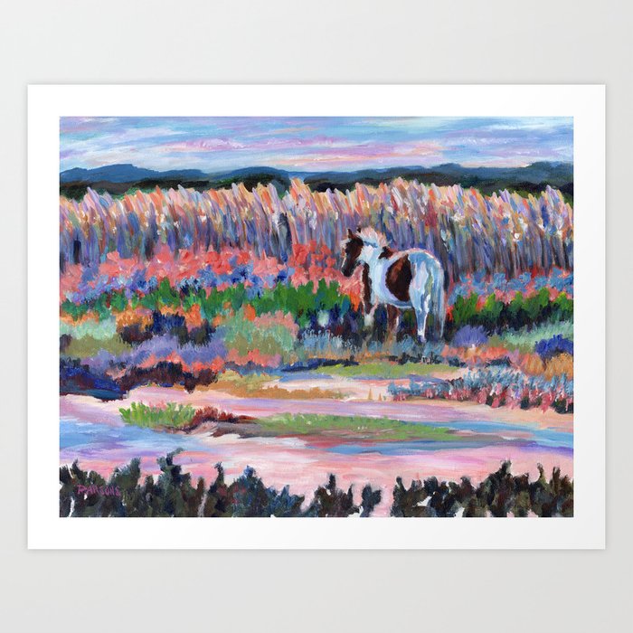 Chincoteague Pony, a colorful landscape of a wild horse in the dunes on the beach in Virginia. Art Print