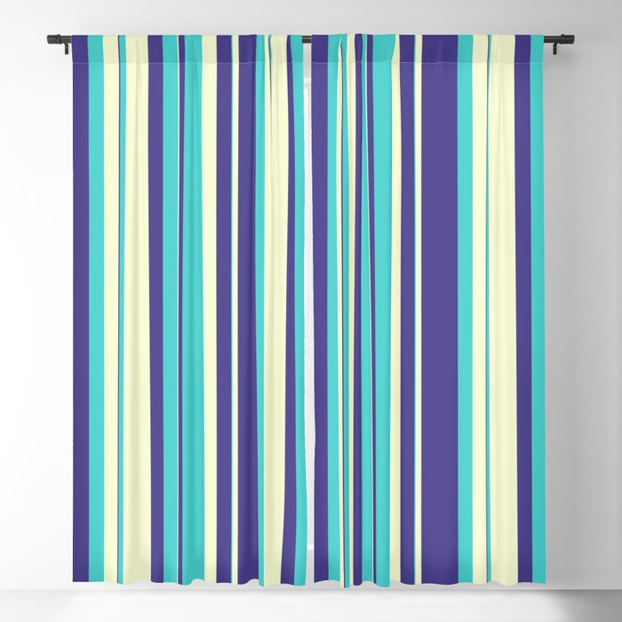 Dark Slate Blue, Turquoise & Light Yellow Colored Striped/Lined Pattern Blackout Curtain