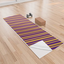 [ Thumbnail: Goldenrod & Indigo Colored Stripes/Lines Pattern Yoga Towel ]