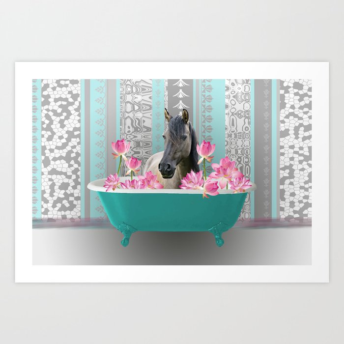 bathtub pink Lotus Flowers with Horse Art Print