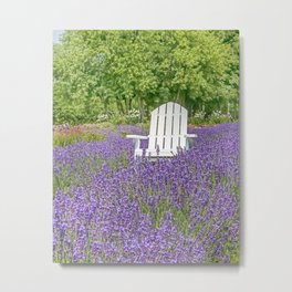White Chair in a Field of Purple Lavender Flowers Metal Print | Fieldoflavender, Lavenderflowers, Sereneart, Forher, Summerflowers, Relaxingart, Summerfloral, Purplefloralart, Lavenderhomedecor, Greenandlavender 