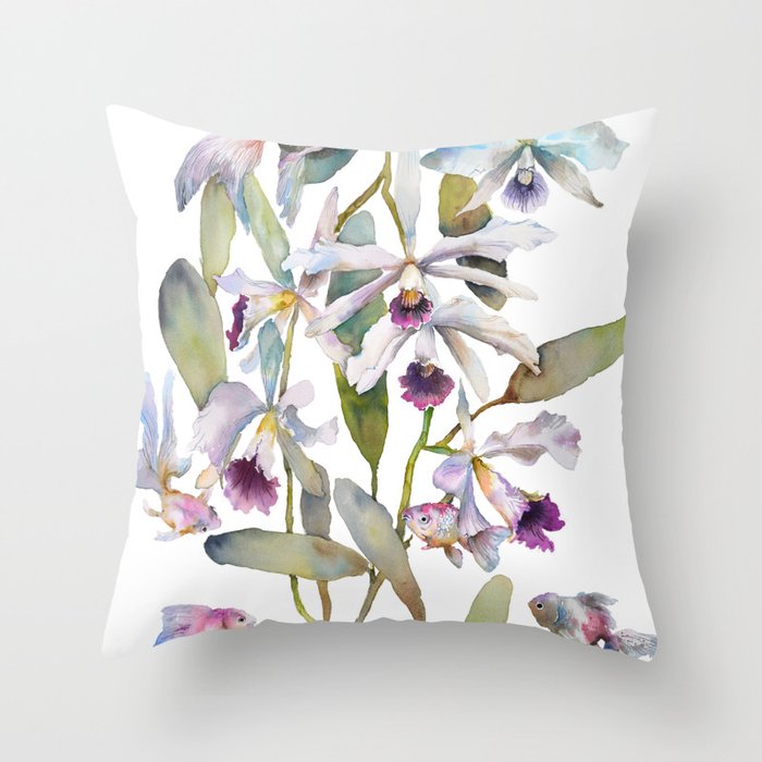 Cattleya Orchid White and Purple with Goldfish Muted Pallet Botanical Design Throw Pillow