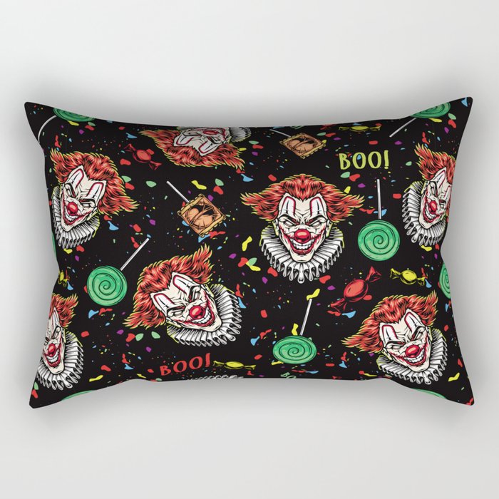 Halloween party vintage colorful seamless pattern with spooky clown heads with paper collar candies lollipops Boo inscriptions confetti vintage illustration Rectangular Pillow
