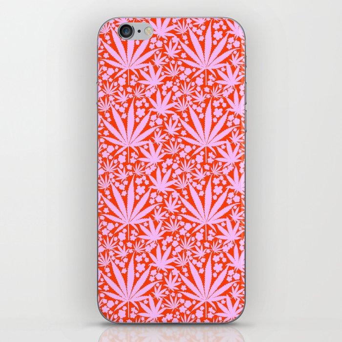 Pastel Pink Cannabis Leaves And Flowers On Cherry Red Retro Modern 70’s Botanical Flower Pattern iPhone Skin