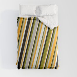 [ Thumbnail: Vibrant Green, Grey, Orange, Mint Cream, and Black Colored Lined/Striped Pattern Comforter ]