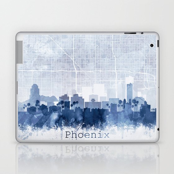 Phoenix Skyline & Map Watercolor Navy Blue, Print by Zouzounio Art Laptop & iPad Skin