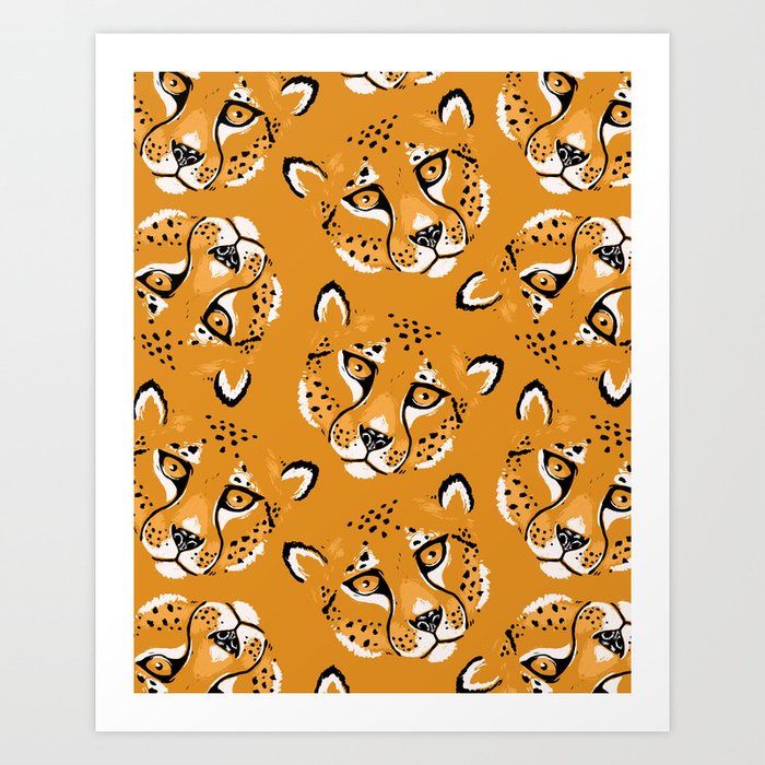 Wild Cheetah Face Pattern - Yellow Art Print