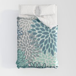 Festive, Floral Prints, Teal, Turquoise and Gray Duvet Cover