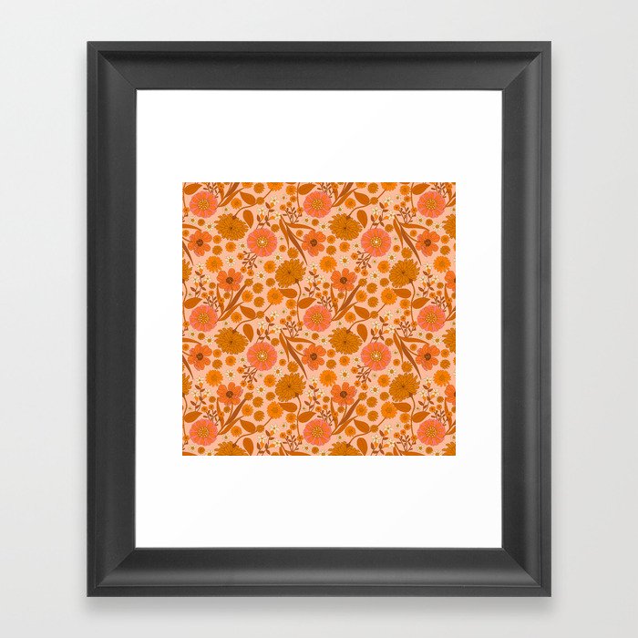 Seventies Flower Garden-Pink Orange Mustard Framed Art Print