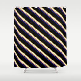 [ Thumbnail: Vibrant Dark Goldenrod, Light Cyan, Brown, Midnight Blue & Black Colored Stripes/Lines Pattern Shower Curtain ]