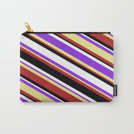 [ Thumbnail: Colorful Purple, Tan, Red, Black & White Colored Stripes Pattern Carry-All Pouch ]