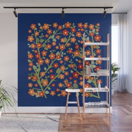 Lovely Blossoms - red orange on navy Wall Mural