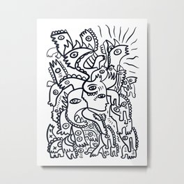 Creatures Are having a Party Black and White Graffiti Art Metal Print
