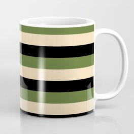 [ Thumbnail: Dark Olive Green, Tan & Black Colored Striped/Lined Pattern Coffee Mug ]