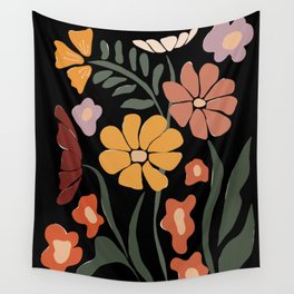 TROPICAL floral night Wall Tapestry | Retro Vintage, Floral Pattern, Sunflower Olive Tree, Black Colorful, Holiday Plants Leaf, 1970S 80S 90S, Tropical Flower, Flower Modern, Botanical Painting, Graphicdesign 