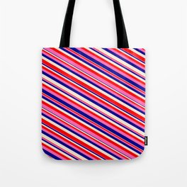 [ Thumbnail: Beige, Red, Hot Pink, and Dark Blue Colored Stripes/Lines Pattern Tote Bag ]