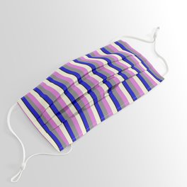 [ Thumbnail: Vibrant Black, Blue, Grey, Orchid, and Beige Colored Striped/Lined Pattern Face Mask ]