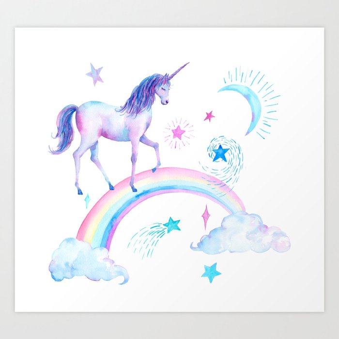 Watercolor Over The Rainbow Unicorn Art Print By Chengjing Society6