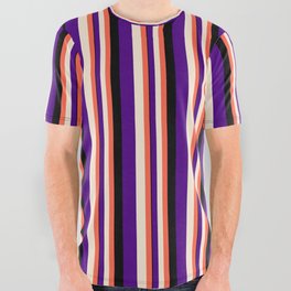 [ Thumbnail: Red, Beige, Indigo, and Black Colored Stripes Pattern All Over Graphic Tee ]