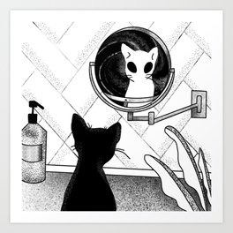 Alien Cat Staring Into Parallel Universe - Space Bathroom - Trippy Line Art Art Print