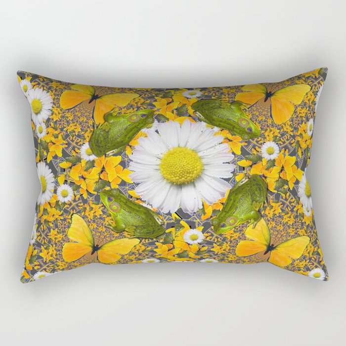 GREEN FROGS & YELLOW  BUTTERFLY WHITE DAISIES Rectangular Pillow