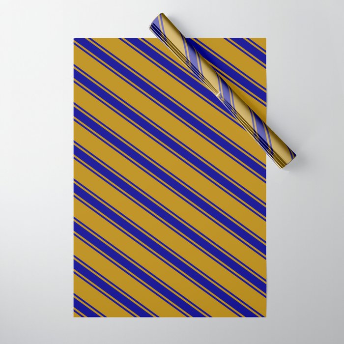 Dark Goldenrod and Dark Blue Colored Stripes/Lines Pattern Wrapping Paper