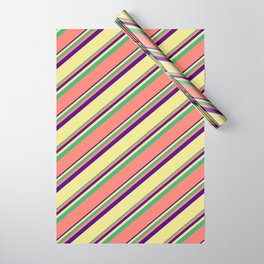 [ Thumbnail: Indigo, Tan, Sea Green, and Salmon Colored Stripes Pattern Wrapping Paper ]