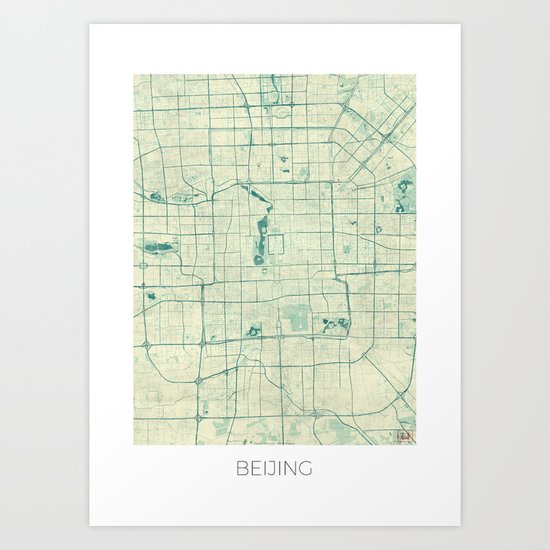 Beijing Map Blue Vintage Art Print