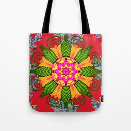 Colored round floral mandala on a red, green and yellow colors. Vintage illustration.  Tote Bag