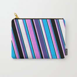 [ Thumbnail: Deep Sky Blue, Dark Slate Blue, Violet, White & Black Colored Lines/Stripes Pattern Carry-All Pouch ]