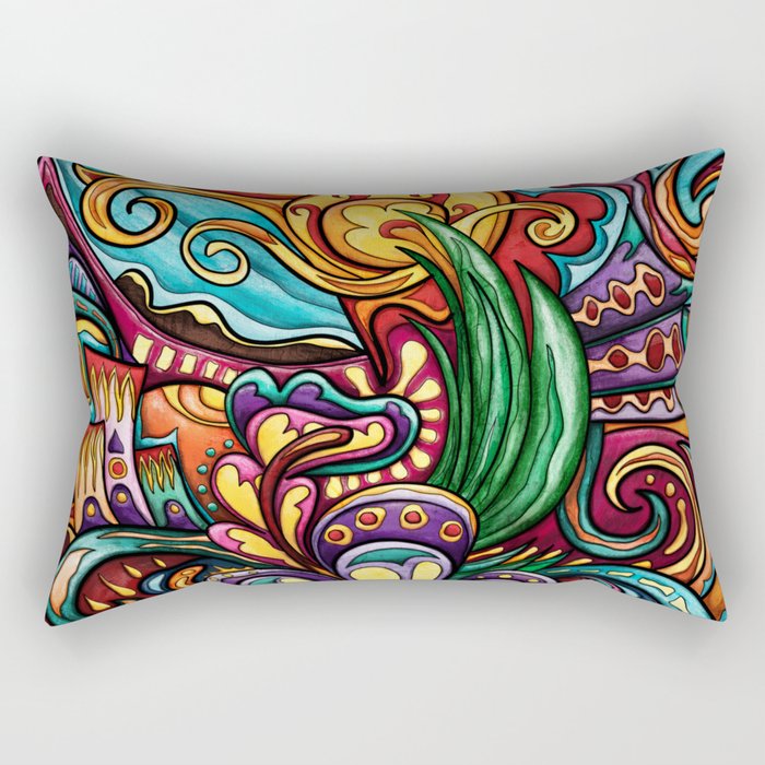 Colorful abstract landscape painting, cheerful hippie town art Rectangular Pillow