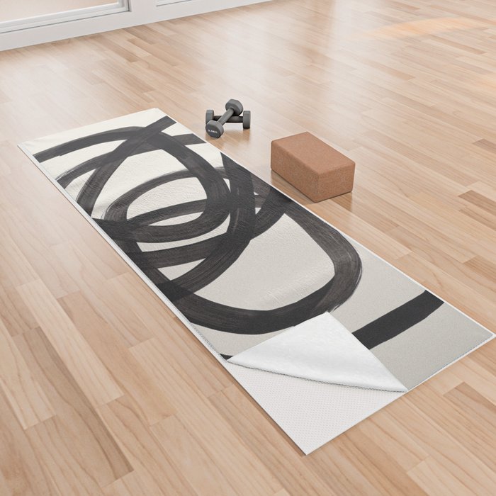 Mid Century Modern Minimalist Abstract Art Brush Strokes Black & White Ink Art Spiral Circles Yoga Towel