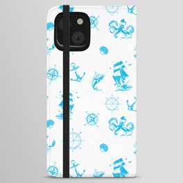 Turquoise Silhouettes Of Vintage Nautical Pattern iPhone Wallet Case