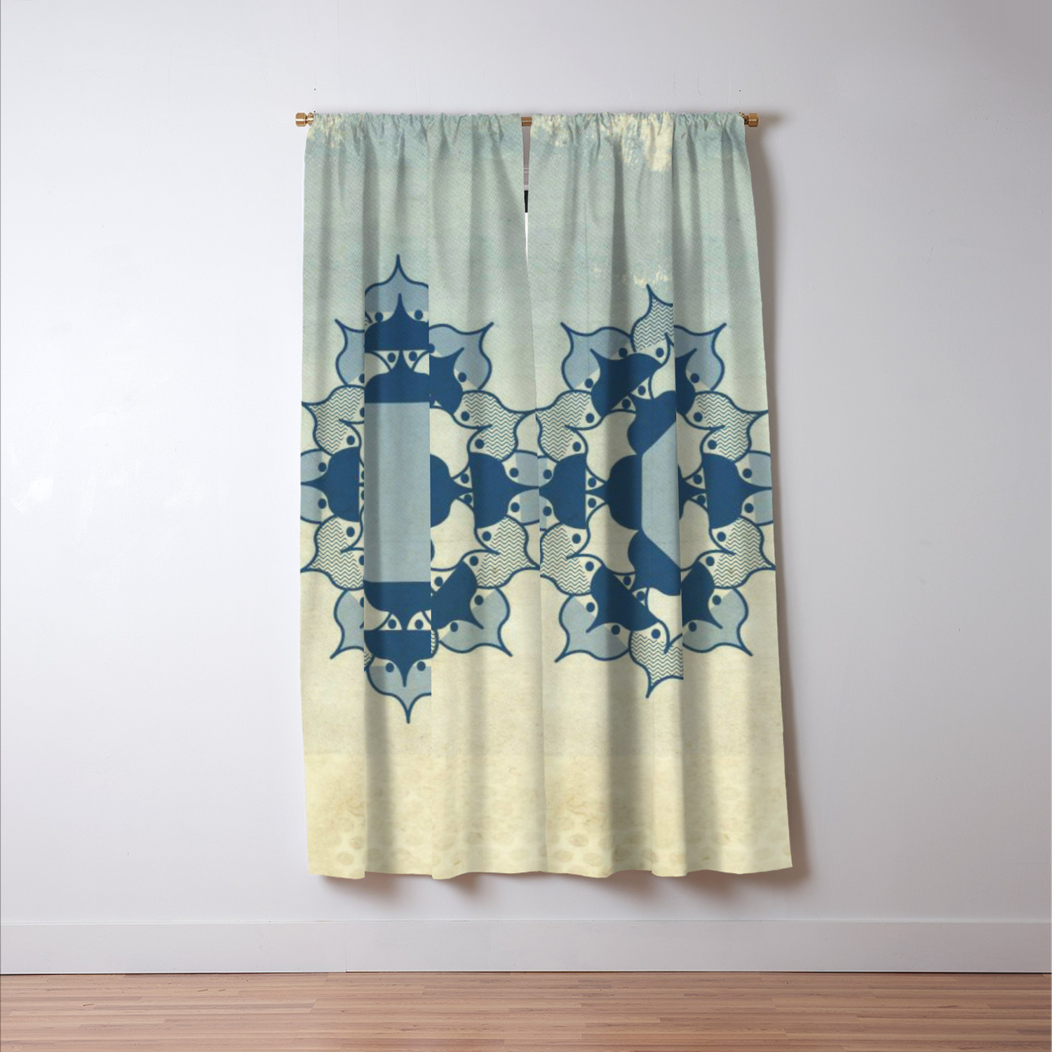 Lotus Mandala Light Blue Center Sand Water Wash Blackout Curtain