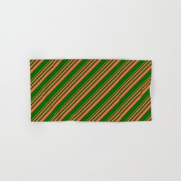 [ Thumbnail: Red and Dark Green Colored Stripes Pattern Hand & Bath Towel ]