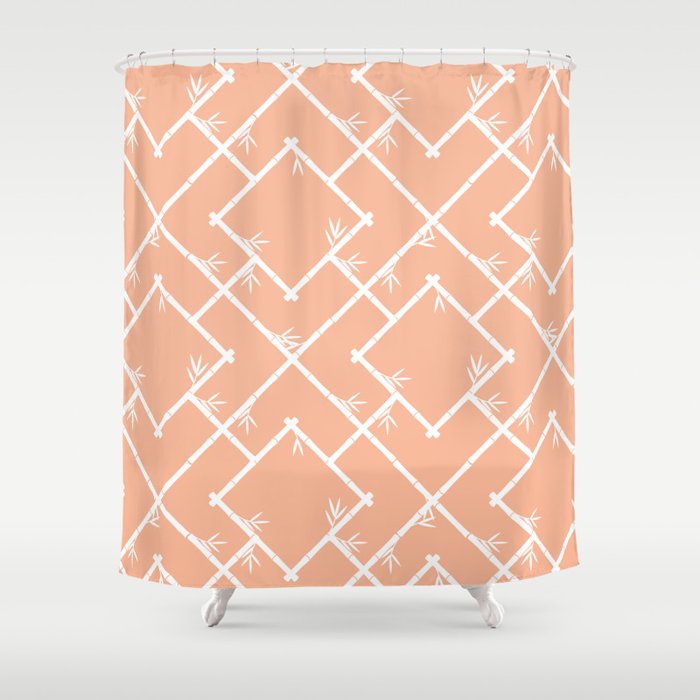 Bamboo Chinoiserie Lattice In Peach White Shower Curtain By